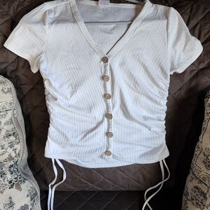 No Boundaries White Button-Up Ruched Tee